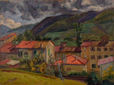 Near Florence, Houses, Mountains — Oil painting, Fiberboard, 46.00×61.00cm — Theodoros Markellos